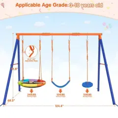 Gikpal Swing Set for Kids, 440lbs Swing Set with Heavy-Duty Metal Frame & Adjustable Ropes, Safe Waterproof Round Playset for Backyard, Rainbow Color