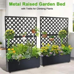 Metal Planter Box with Trellis, 71"x47"x12" Raised Garden Bed with Trellis & Wheels, Outdoor Garden Box with Privacy Screen & Drainage Holes