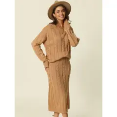 Seta T Womens' Fall Winter Casual Crewneck Sweater Two Pieces Outfit Midi Skirts with Pockets Lounge Set