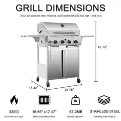 R.W.FLAME 4-Burner Propane Gas Grill, 32,000 BTU Stainless Steel BBQ with Lid, Wheels & Side Shelves for Outdoor Cooking, Patio, Garden & Camping