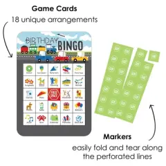 Big Dot of Happiness Cars, Trains, and Airplanes - Picture Bingo Cards and Markers - Transportation Birthday Party Shaped Bingo Game - Set of 18