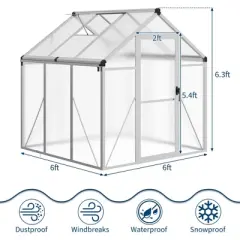 6x6FT Walk in Polycarbonate Greenhouses with Enhanced Aluminum Frame and Roof Vent for Outdoors and Seasons Garden Planting Silver