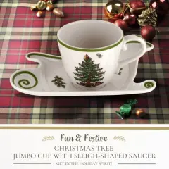 Spode Christmas Tree Large Coffee Mug with Saucer, Jumbo Teacup, 18oz Cup with Sleigh Shaped Plate, Festive Serveware, Holiday Gift