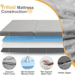 Vipbear Comfy Tri Memory Foam Folding Mattress,4 Inch Foldable Mattress for Yoga/Travel/RV/Camping,Gray Tri-fold Mattress with Washable Cover