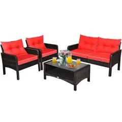 Costway 4PCS Patio Rattan Furniture Set Loveseat Sofa Coffee Table Garden W/Red Cushion