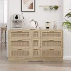 KTMBDW 9 Drawer Double Dresser for Bedroom, Rattan Chest of Dressers, Modern Wooden Dresser Chest with Golden Handles for Living Room, Hallway