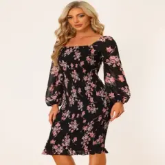 Allegra K Women's Floral Puff Sleeve Square Neck Ruffle Bodycon Mermaid Smocked Dress