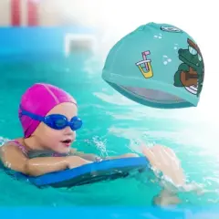 Unique Bargains Kid's Polyester Cartoon Crocodile Swim Cap Lake Blue Green 1 Pc