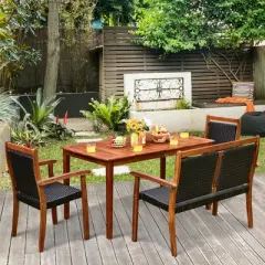 Tangkula 4PCS Patio Dining Set Acacia Wood  Rattan Furniture Set w/ Umbrella Hole