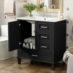 Whisen 30 in. Bathroom Storage Cabinet Bathroom Vanity with Ceramic Sink, Soft Close Door and 3 Drawers
