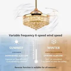 Ludomide Modern Crystal Ceiling Fan Light, Dimmable Gold Retractable Fandelier for Bedroom Living Room 36"