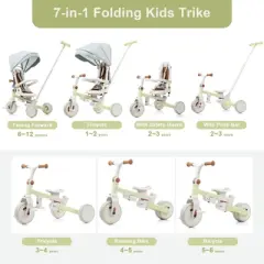 Aukfa 7-in-1 Tricycle, Foldable design, adjustable handle/seat, retractable canopy & removable pedals/guardrail, for 1-6 Years Old Boys & Girls Gift