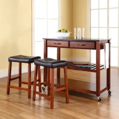 Granite Top Kitchen Prep Cart with 2 Upholstered Saddle Stools Cherry - Crosley