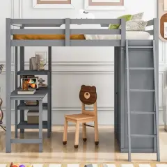 Full/ Twin Size Loft Bed with Wardrobe, Desk and Shelves-ModernLuxe