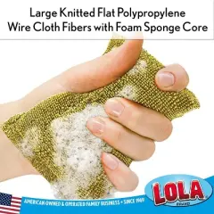 Lola Products Wonder Non-Scratch Scouring Pad, Large Knitted Flat Wire Cloth Fibers w/Foam Sponge Core, Assorted Colors (Gold or Silver), 1 Pack