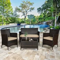 Tangkula 8PCS Patio Rattan Conversation Furniture Set Outdoor w/ Brown & Gray Cushion