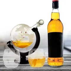 Berkware Globe Etched Whiskey Decanter Set with Interior Hand-Crafted Glass Ship - 28oz with 2 10oz Globe Glasses