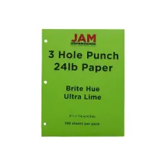 JAM Paper 3 Hole Punch 24lb Colored Paper 8.5 x 11 Ultra Lime Green 100 Sheets/Pack (354428160)