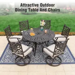 Captiva Designs 7PC Cast Aluminum Patio Dining Set with Round Table & Flower Back Chairs