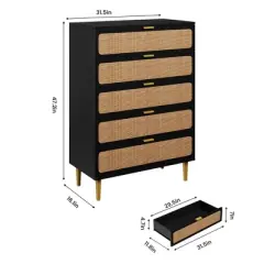 Rattan 5 Drawer Dressers for Bedroom, Tall Dresser with Deep Drawers, Large Chest of Drawers for Closet with Wide Top