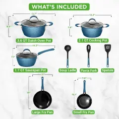 NutriChef 11-Piece Non-Stick Kitchen Cookware Set - Elegant Diamond Pattern, Ceramic Coated Pots & Pans (Blue)