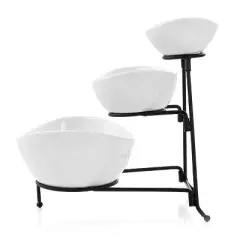 3-Tier Oval Bowl Porcelain Serving Stand Set - Elama: Tiered Serving Tray, Dishwasher & Microwave Safe, White