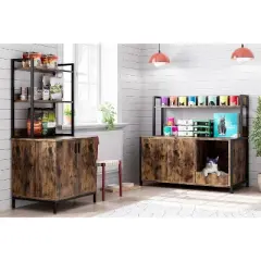 Rustic Brown Cat Litter Box Enclosure with Storage Shelves, Hidden Cabinet with Scratching Pad & Doors