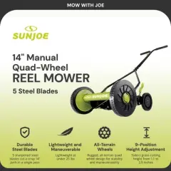 Sun Joe Cordless, Manual Push Reel Lawn Mower, Green &ndash; Grass Trimmer, 14 Inch Quad Wheels, Steel Design, and 9 Adjustable Positions, MJ503M