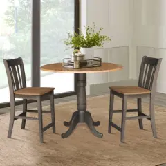 3pc 42" Round Dual Drop Leaf Counter Height Dining Table with 2 Splat Back Stools Hickory/Washed Coal - International Concepts