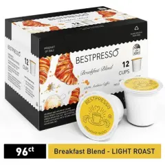 Bestpresso Coffee, Breakfast Blend Light Roast Single Serve K-Cup Pods, 96 Count (Compatible With 2.0 Keurig Brewers) 8 Packs Of 12 Cups