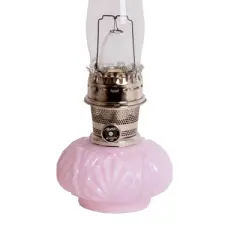 Aladdin Crown Tuscan Genie II Oil Lamp for Shelf or Table, Indoor Emergency Lighting, Limited Edition in Pink Glass with Nickel Burner