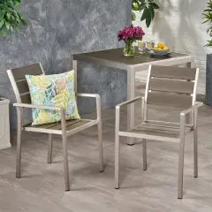 Cape Coral 2pk Aluminum Dining Chair with Faux Wood Seat - Silver/Gray - Christopher Knight Home: Weather-Resistant, Fixed Arms, 250lb Capacity