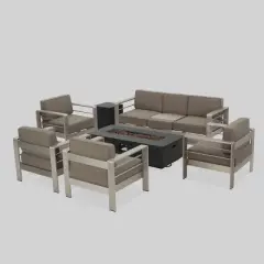 Cape Coral 7pc Aluminum and MGO Firepit Set Dark Gray/Khaki - Christopher Knight Home: Weather-Resistant, with Cushions