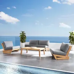 Spatial Balance Indoor Outdoor Set Ribbed Wood Coffee Table & Matching Fabric Seating Group