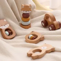 Freniland&trade; - Little Cub Grasping Combo, 5-Piece Wooden Baby Toy Set, FSC-Certified Beechwood,Montessori-Inspired for 10M+