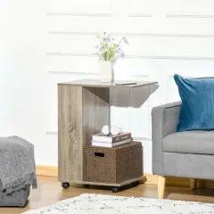 HOMCOM C-Shaped Sofa Side Table Mobile End Table with Storage and Wheels for Living Room, Bedroom, Office