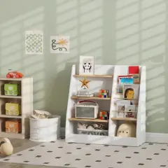 Qaba 4 Tier Kids Bookshelf and Toy Storage Organizer with Book Rack, for Living Room, Kids Room, Playroom, Bedroom, Nursery, Study, Library, Classroom