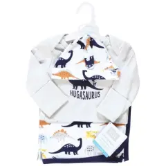 Hudson Baby Infant Boy Gown, Swaddle Blanket and Cap or Headband, Hugasaurus, 0-6 Months