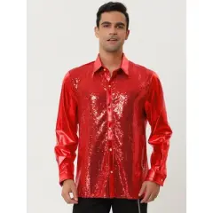 Lars Amadeus Men's Shiny Sequins Slim Fit Long Sleeves Button Down Disco Party Shirt