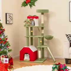 Costway 61" Tall Christmas Cat Tower w/ Sisal Scratching Posts Pet Furniture for Indoor Kittens