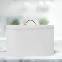 Amici Home White Carmel Metal Storage Bread Bin with Handled Lid, Airtight Seal, Food Safe, White w/ Relief Pattern & Brown Handle, 288 oz.