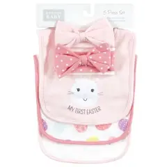 Hudson Baby Infant Girl Cotton Bib and Headband or Caps Set, Happy Easter, 0-9 Months