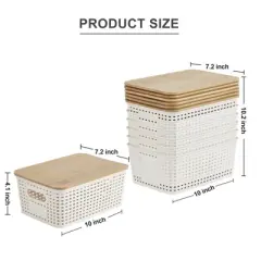 Aoibox Small Plastic Storage Bins with Bamboo Lids Stackable 5.2qt Organizing Containers with Labels Cream White 6 Pack