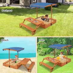 Costway Wooden Sandbox with Lid Cover Kids Outdoor Play Equipment Gift for Ages 3+
