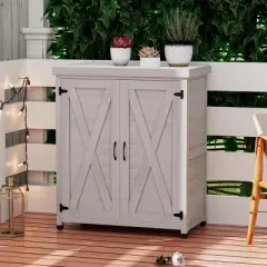 Coolbibila Potting Bench with Storage Cabinet and Metal Table Top, Storage Sheds with all Weather-resistant, storage sheds outdoor