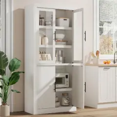 Tall Kitchen Pantry Storage Cabinet with 4 Glass Doors & Adjustable Shelves, Farmhouse Freestanding Pantry Cupboard for Dining Room, Living room