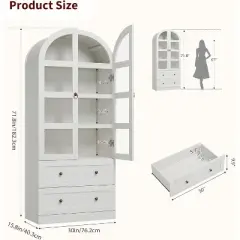 Nasitip 72" Arched Kitchen Pantry Cabinet, Retro  Tall Farmhouse Storage Cabinet with 2 Glass Doors, Drawers, and Adjustable Shelves