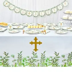 Sparkle and Bash 3 Pack Religious Table Cover for Baptism, First Communion, Catholic Gold Cross Plastic Tablecloth, 54 x 108 in