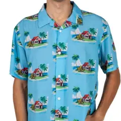 Dragon Ball Z Kame House Sublimation Print Short Sleeve Button Down Light Blue Men's Woven Top