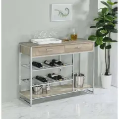 Coaster Melrose Modern 2 Shelf Wood/Metal Wine Cabinet with 2 Drawers Gray Washed Oak/Chrome